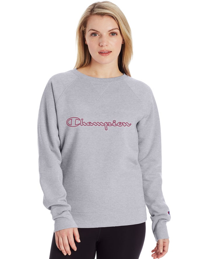 Champion Dame Sweatshirt Grå - Powerblend Fleece Classic Crew Script Logo - Danmark LMW-760182